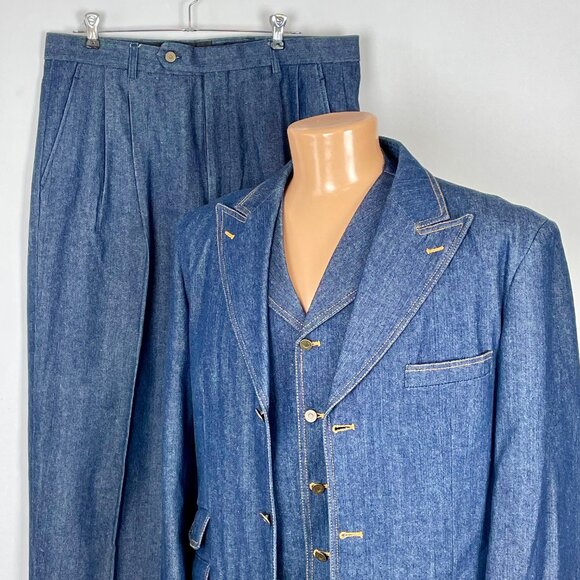 Vtg Vittorio St Angelo 3 Pc Denim Suit Jacket 42R Waistcoat Trousers 36R Western - Picture 1 of 16